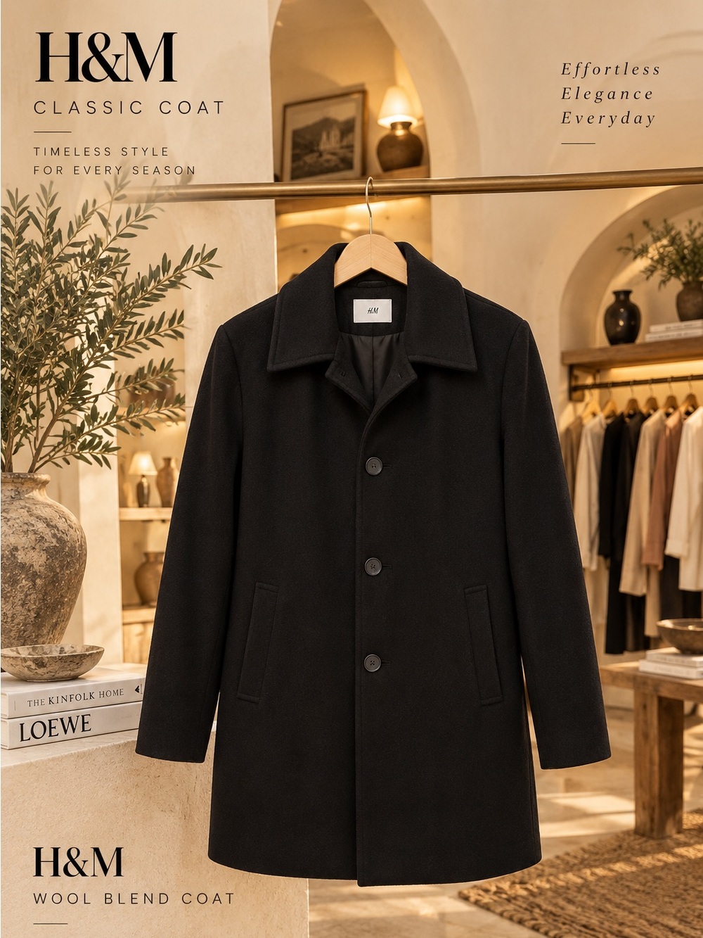 H&M Black Classic Wool Blend Coat Jacket Size XS